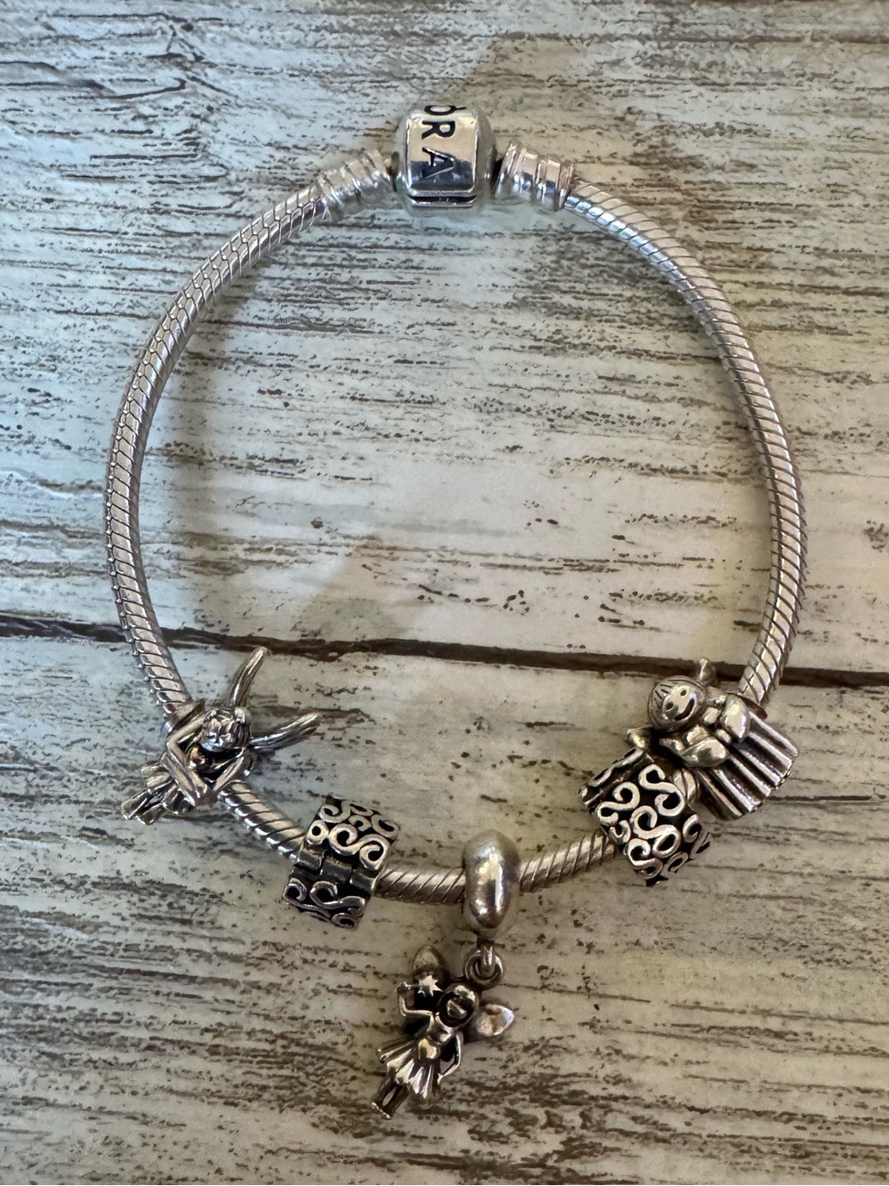Pandora 925 Sterling Silver 6.5” Bracelet with 5 Charms – Fairy/Angel Theme